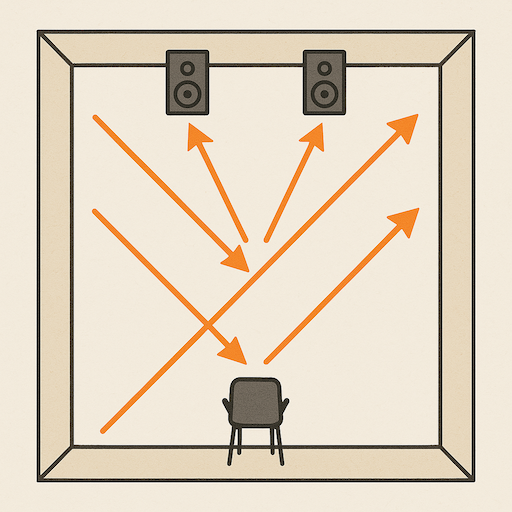 Gráfico ilustrando los rebotes de sonido en una sala sin tratamiento acústico.
