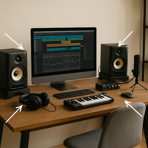 Estudio de home studio con monitores mal orientados y sin aislamiento acústico