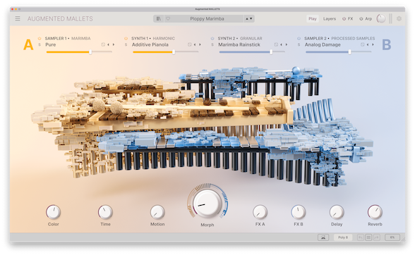 Vista del plugin Augmented Mallets de Arturia, con mezcla de samples y síntesis para sonidos percusivos melódicos.