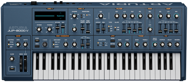 Interfaz del sintetizador Jup-8000 V de Arturia, centrado en el sonido supersaw para música electrónica.