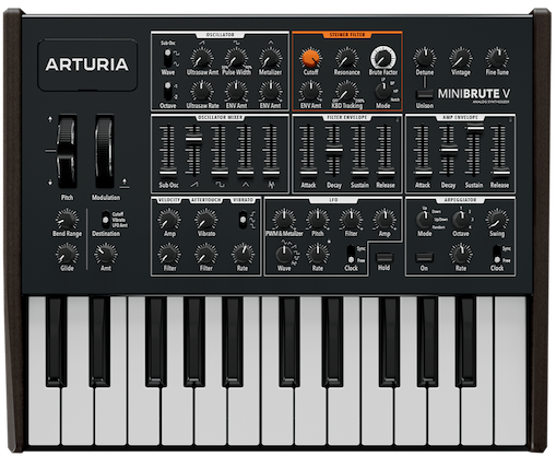 Interfaz del sintetizador virtual MiniBrute V de Arturia, con controles analógicos y efectos integrados.
