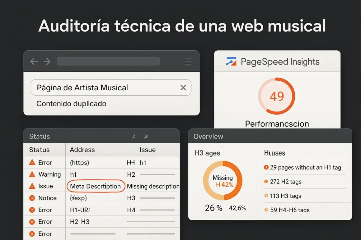 Captura simulada de herramientas de auditoría SEO aplicadas a una web artística, mostrando análisis de encabezados, velocidad de carga y resultados de búsqueda