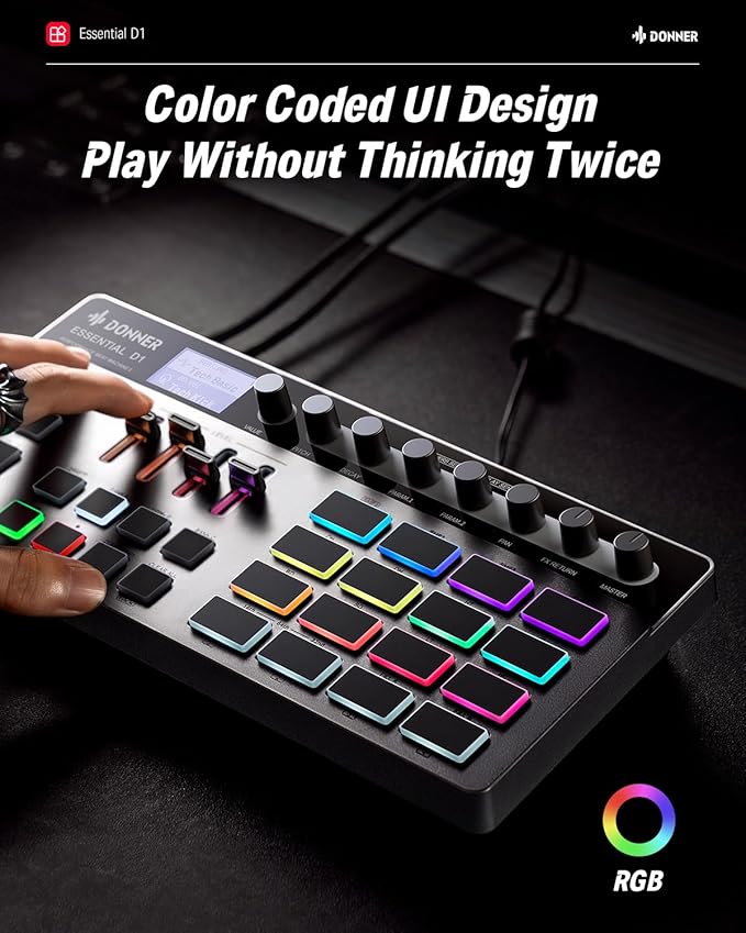 Primer plano de los pads RGB de la Donner Essential D1, con diseño codificado por colores y faders iluminados, en una mesa de estudio.