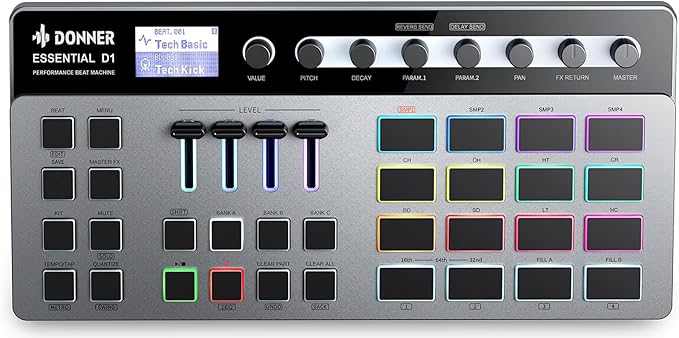 Vista superior de la caja de ritmos Donner Essential D1 con su pantalla LCD, faders, codificadores y 16 pads retroiluminados por colores.