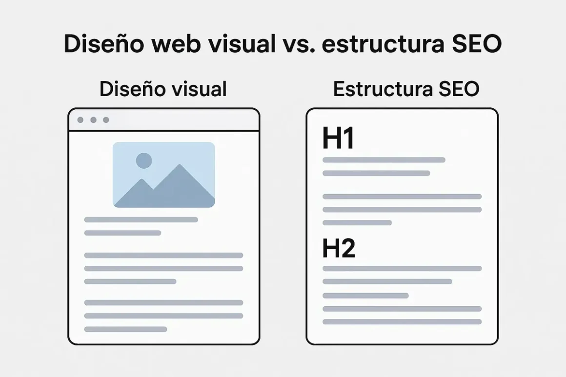 “Comparación entre una web de artista con enfoque visual y otra con estructura SEO optimizada, destacando diferencias en jerarquía, contenidos y usabilidad