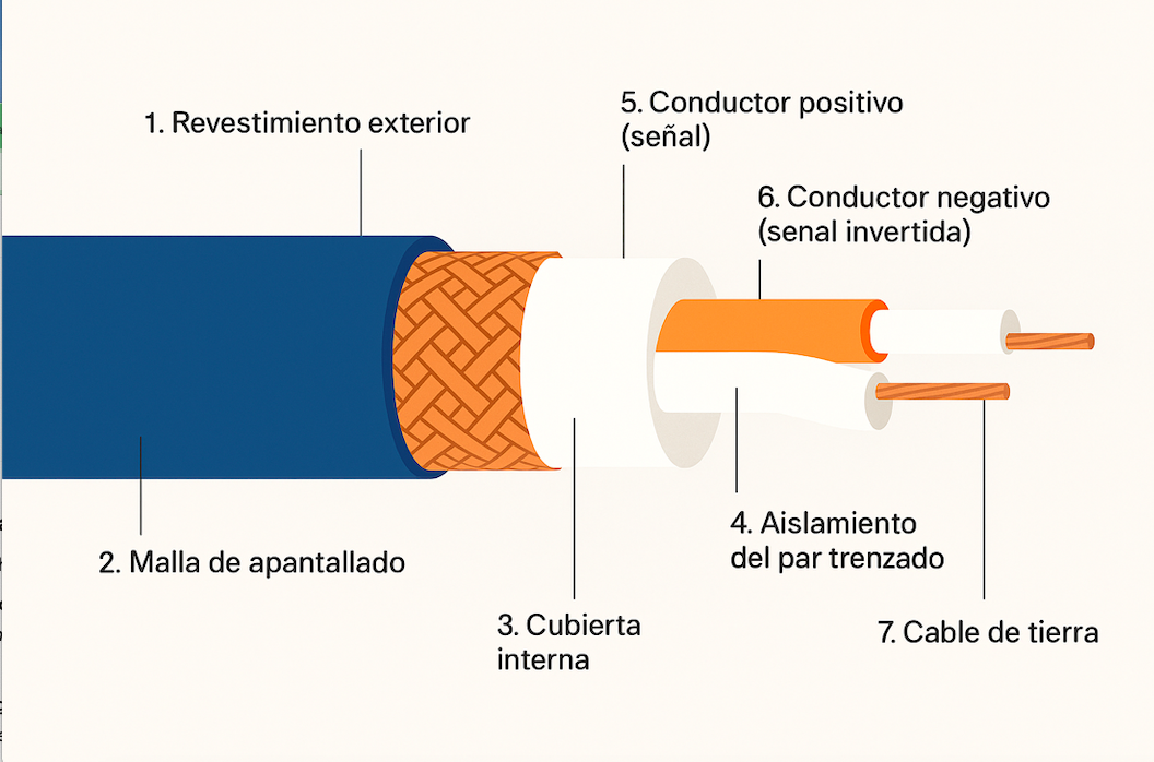 Estructura interna de un cable balanceado con sus componentes etiquetados para uso profesional en audio
