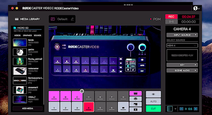 Interfaz del software oficial de la RØDECaster Video mostrando el control de escenas, entradas de cámara y biblioteca de medios