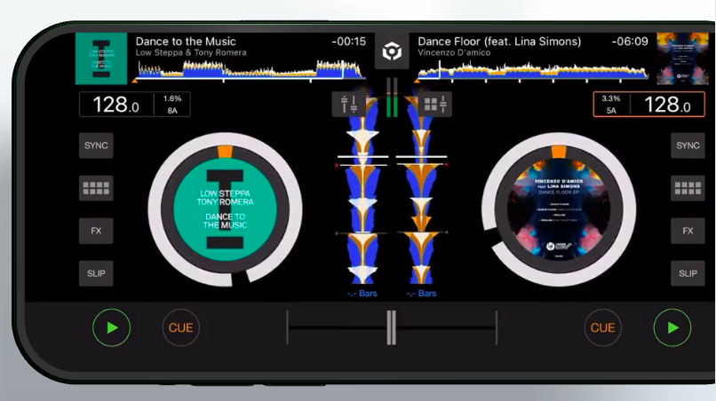 Vista de la interfaz de mezcla del modo Lite de rekordbox mostrando dos pistas y controles DJ