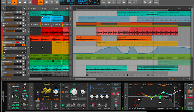 Vista de proyecto en Bitwig Studio 6 mostrando clips de audio, automatización y dispositivos de efectos