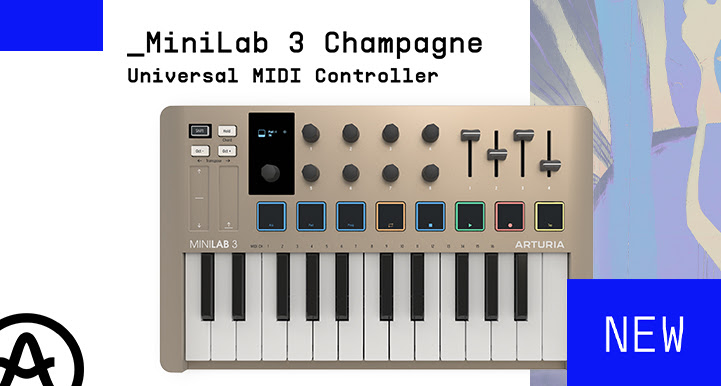 Imagen promocional del nuevo Arturia MiniLab 3 Champagne Edition, controlador MIDI universal