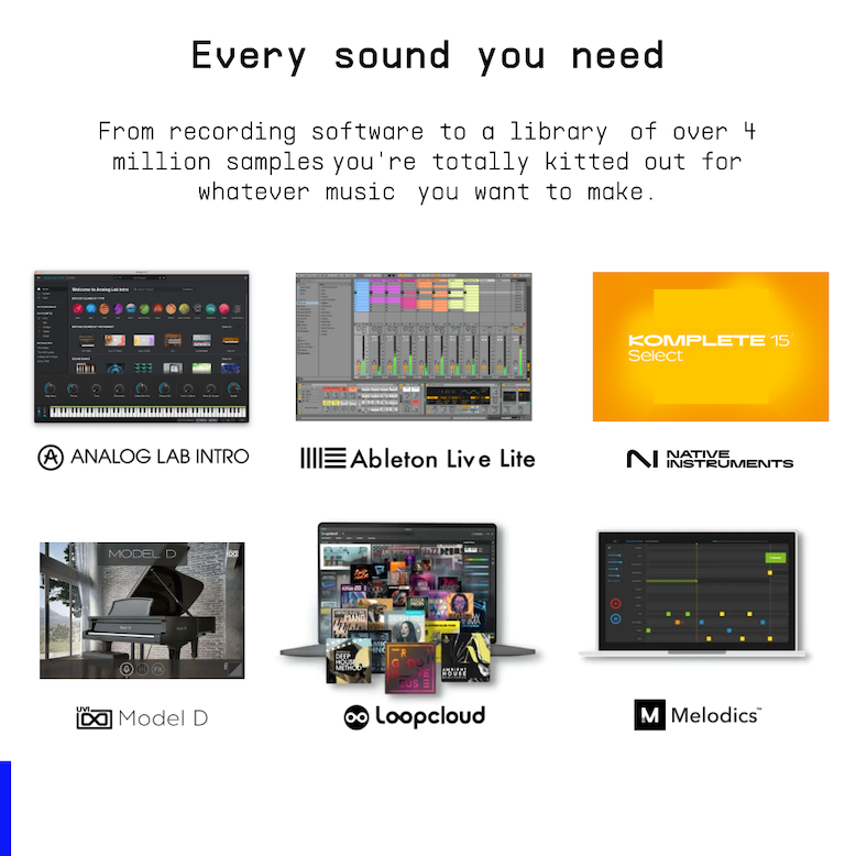 Paquete de software del Arturia MiniLab 3 Champagne Edition con Analog Lab Intro, Ableton Live Lite, Komplete Select, Model D, Loopcloud y Melodics