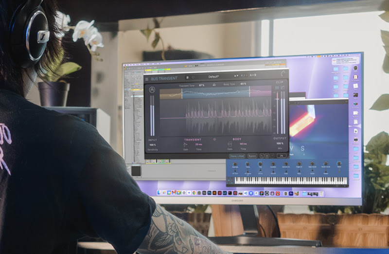 Productor utilizando Bus Transient de Arturia en un entorno de mezcla con DAW.