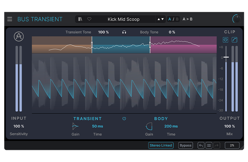 Vista del panel central de Bus Transient Arturia mostrando los controles de transitorios y cuerpo del sonido.