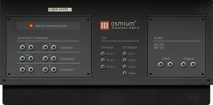 Panel posterior virtual del Osmium Distortion Matrix con conexiones de audio y CV