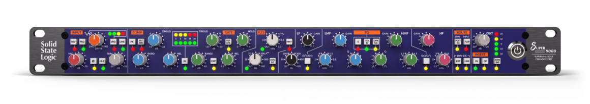 Controles frontales del canal analógico SSL Super 9000 con secciones de entrada, dinámica y EQ