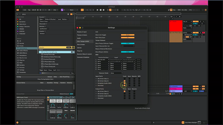 Configuración de Ableton Live mostrando el Alphatheta Chordcat como dispositivo MIDI activo