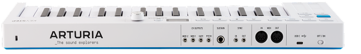 Conexiones traseras del Arturia KeyStep mk2 con puertos CV, MIDI DIN, Sync y USB-C