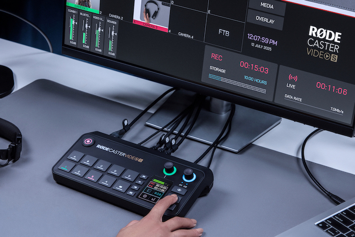 RØDECaster Video S mostrando en pantalla la vista multicámara y grabación activa