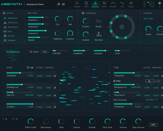 absynth 6 módulo Aetherizer con controles de granularidad y efectos avanzados