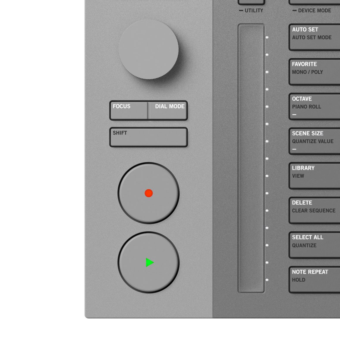 AlphaTheta SLAB Serato Studio detalle de la sección de botones, SHIFT y dial de control