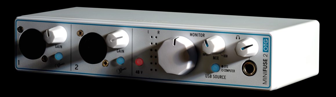 MiniFuse 2 OTG detalle de entradas combo, ganancia y controles frontales