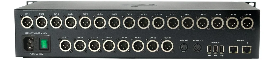 iConnectivity PlayAUDIO 2U panel trasero con 24 salidas XLR, MIDI y conexiones de red