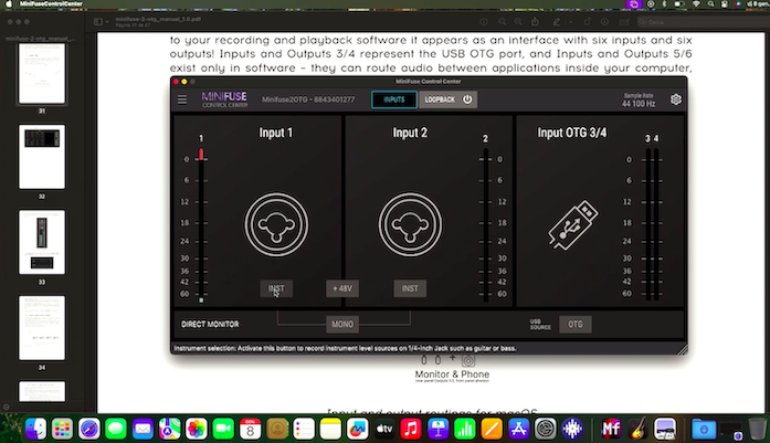 review MiniFuse 2 OTG mostrando el Control Center con entradas analógicas y entrada OTG para ruteo de audio