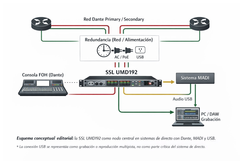SSL UMD192 esquema de directo con integración Dante, MADI y USB