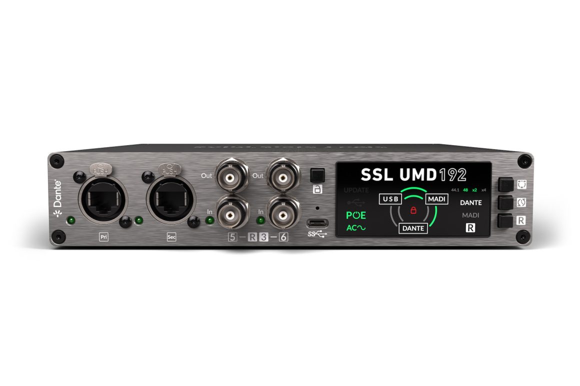 SSL UMD192 panel frontal con pantalla de control de USB, MADI y Dante