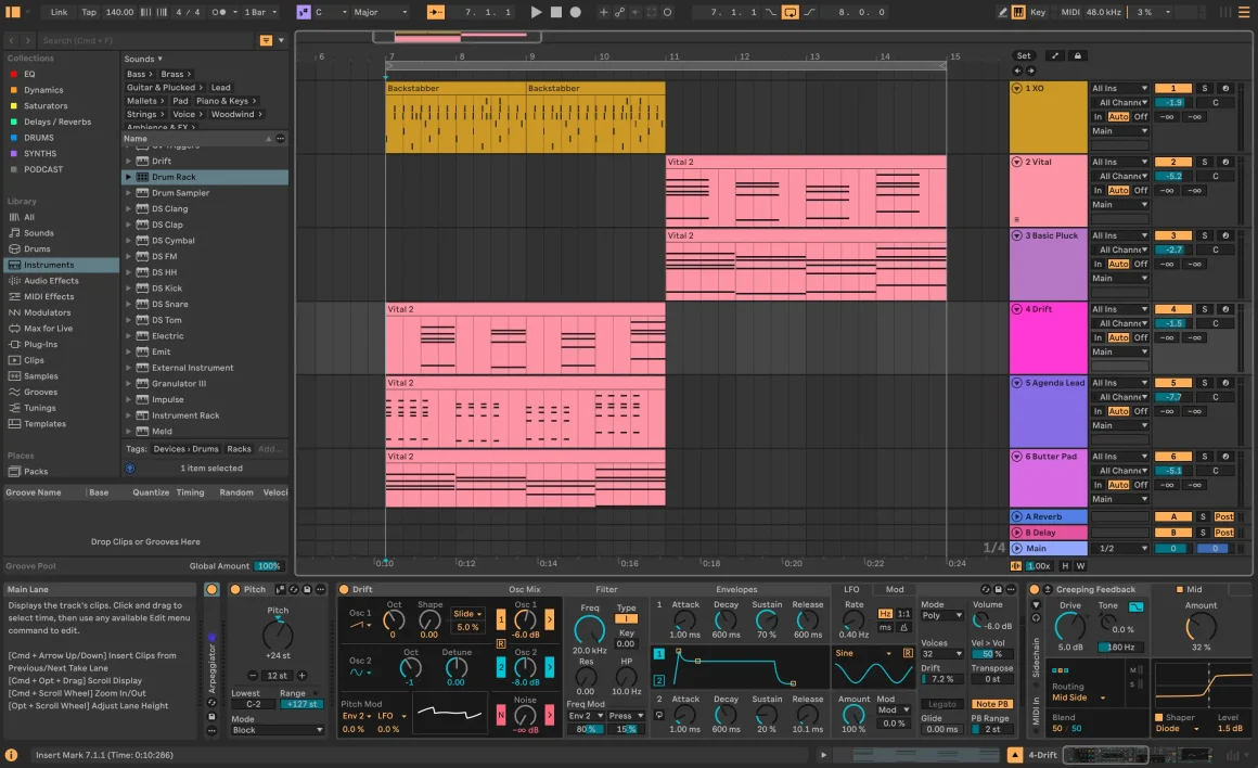 Ableton Live pago a plazos: cómo funciona Live 12.4 y comparativa con otros DAW 7 ableton live. Arrangement con proyecto multipista y clips organizados en producción musical