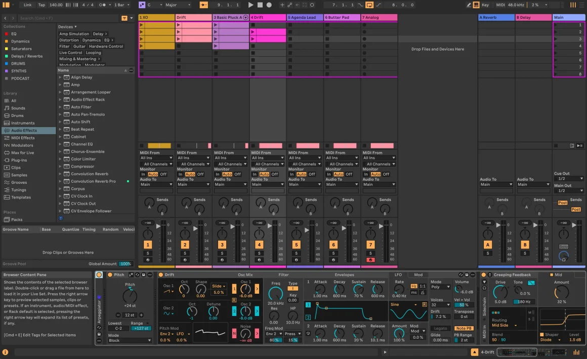 Ableton Live pago a plazos: cómo funciona Live 12.4 y comparativa con otros DAW 8 ableton live pago a plazos Session View con mixer y envíos de efectos en entorno de producción musical
