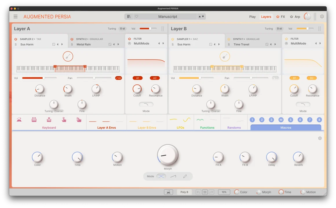 Arturia Augmented PERSIA: sonidos persas en clave híbrida dentro de la serie Augmented 2 Arturia Augmented PERSIA capas de síntesis y sampler con control Morph en interfaz híbrida