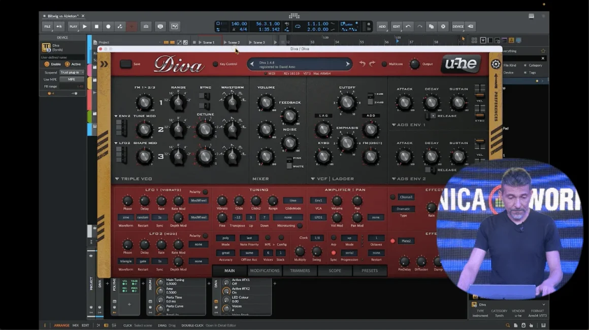Bitwig Studio 6 review en español: cómo se siente produciendo viniendo de Ableton Live. Por David Amo. 3 Bitwig Studio 6 review en español con Diva de u-he en uso y David Amo mostrando el workflow en el vídeo