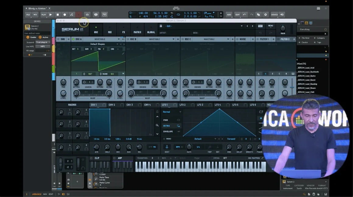 Bitwig Studio 6 review en español: cómo se siente produciendo viniendo de Ableton Live. Por David Amo. 2 Bitwig Studio 6 review en español con Serum en uso y David Amo demostrando el workflow en el vídeo