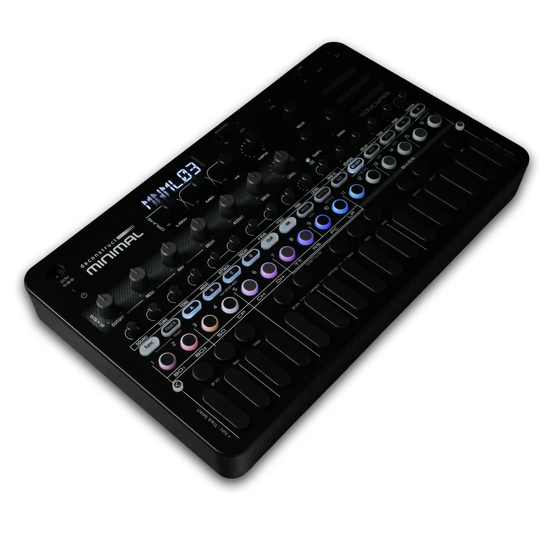 Sonicware Deconstruct Minimal: la groovebox que busca el groove imperfecto 3 Sonicware Deconstruct Minimal groovebox portátil japonesa vista en ángulo para producción electrónica y live performance