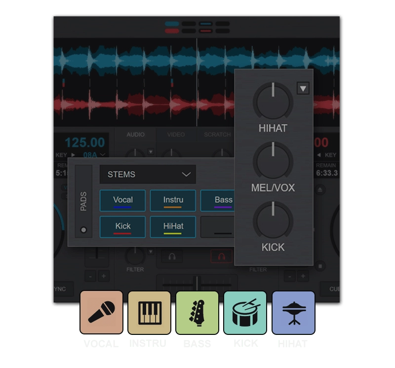 VirtualDJ Pro Infinity 2026: qué aporta la inteligencia artificial al software para DJ 2 VirtualDJ Pro Infinity 2026 mostrando la separación de stems mediante inteligencia artificial para controlar voces, instrumentos, bajo y batería durante una sesión DJ.