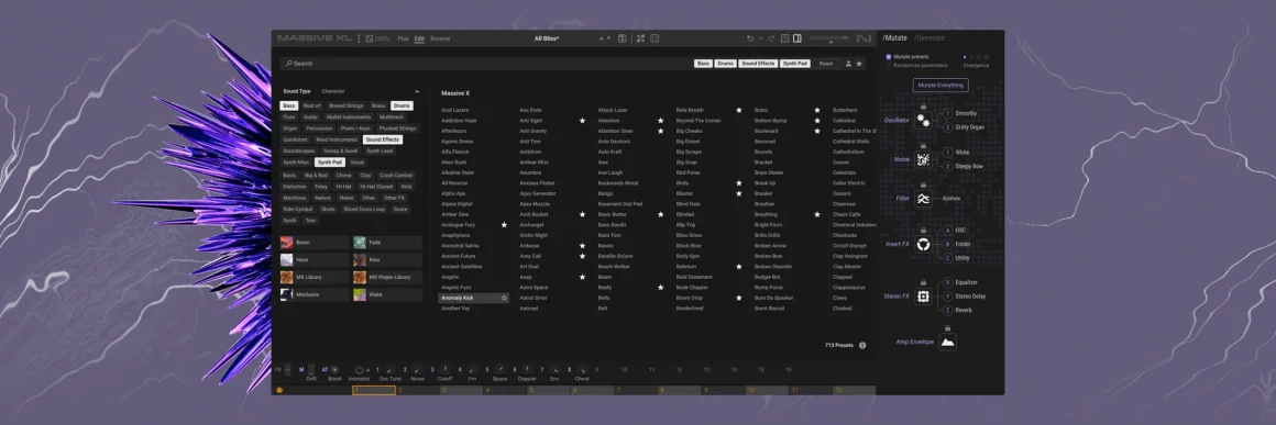 Native Instruments Massive XL: el legendario sintetizador renace con inteligencia artificial y nuevas herramientas creativas 2 Navegador de presets de Massive XL con la herramienta Mutator para transformar sonidos y crear nuevas variaciones.